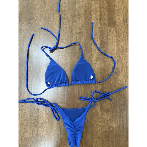 Catherine Fulmer Blue Mesh String Bikini Set XS Ruched Tie Side USA Swimwear - Picture 4 of 8